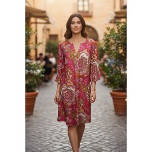 Jude Connally Pink Paisley Print 3/4 Sleeve V Neck Dress Women's Large